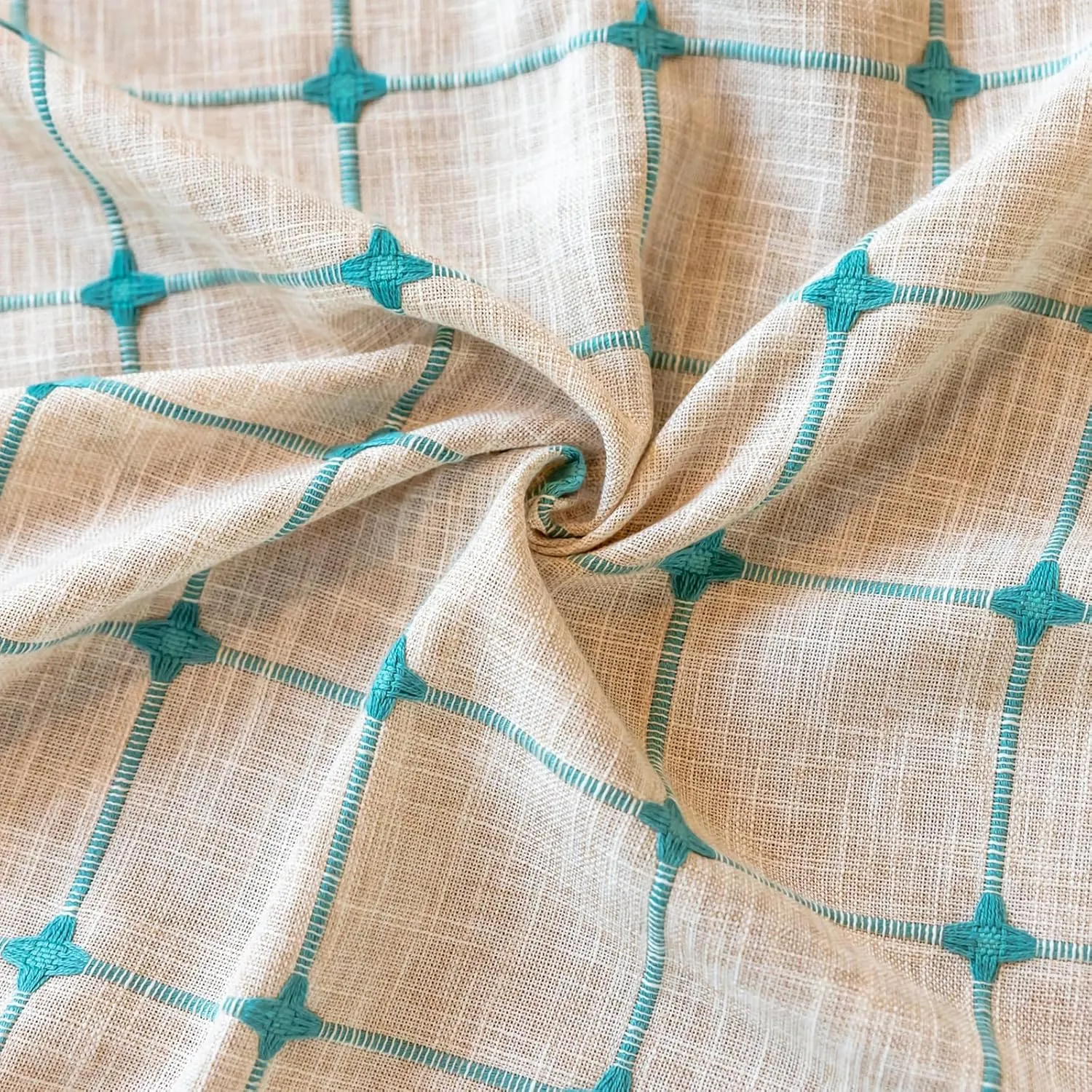 Deeprove Boho Curtains 84 Inches Long for Bedroom, Cotton Linen Plaids Turquoise Embroidery Semi Blackout Bohemian Farmhouse Window Treatment Grids Drape Tassels, 1 Panel W52 x L84 Beige
