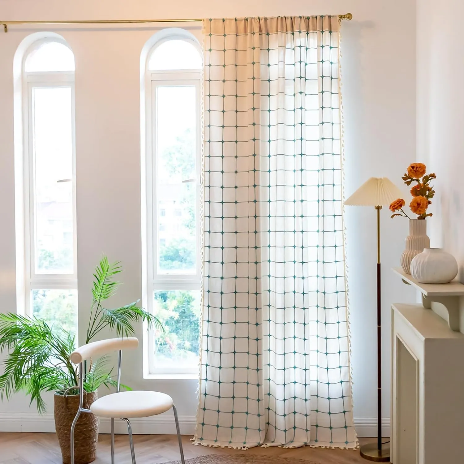 Deeprove Boho Curtains 84 Inches Long for Bedroom, Cotton Linen Plaids Turquoise Embroidery Semi Blackout Bohemian Farmhouse Window Treatment Grids Drape Tassels, 1 Panel W52 x L84 Beige