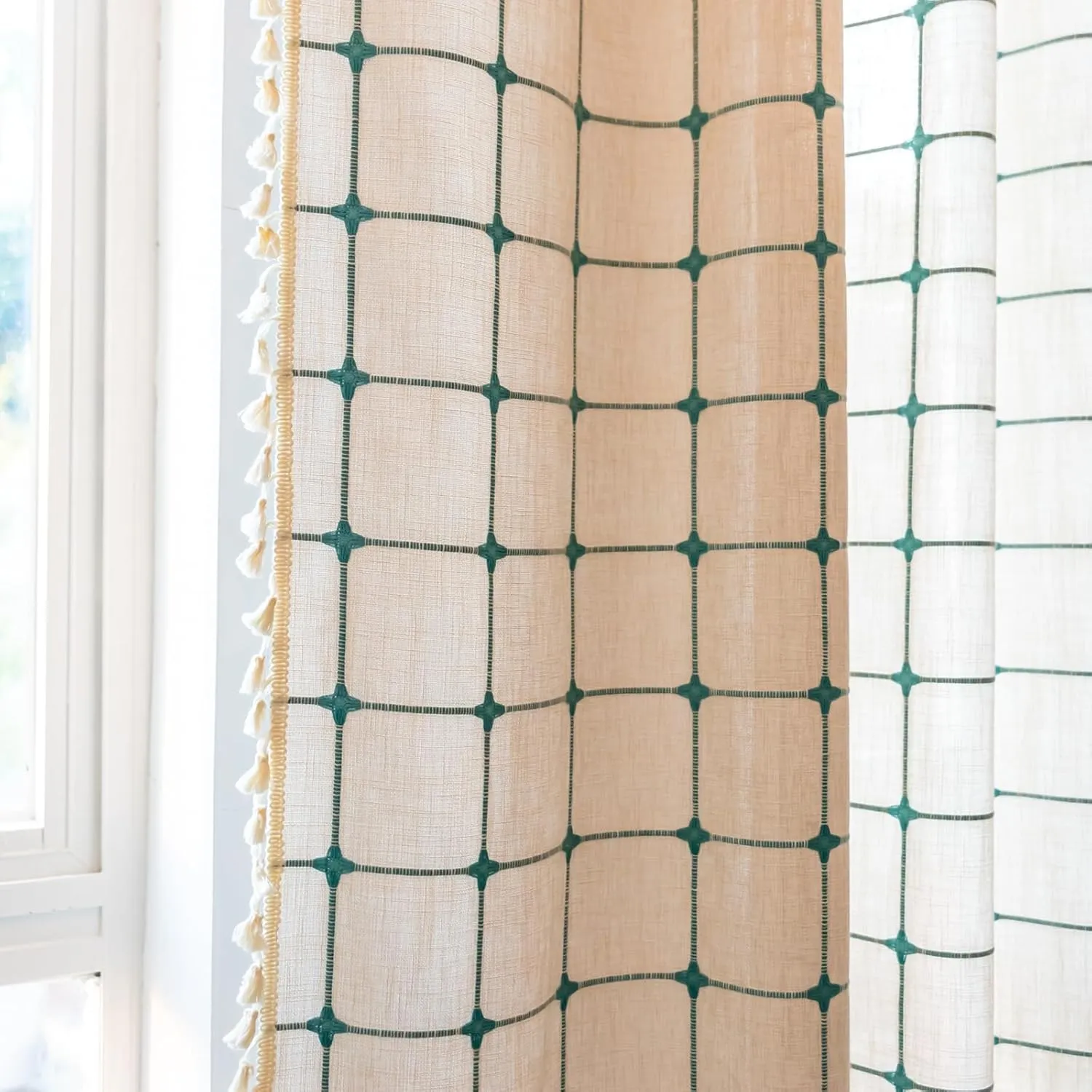 Deeprove Boho Curtains 84 Inches Long for Bedroom, Cotton Linen Plaids Turquoise Embroidery Semi Blackout Bohemian Farmhouse Window Treatment Grids Drape Tassels, 1 Panel W52 x L84 Beige