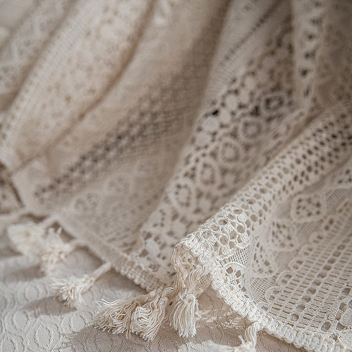 Deeprove Crochet Curtains Boho 63 inches Length for Cafe Kitchen, Knitting Cotton Macrame Lace with Handmade Tassels, Vintage French Country Semi Sheer Hollow Striped, W59 x L63, Beige, 1 Panel