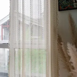 Deeprove Crochet Curtains Boho 63 inches Length for Cafe Kitchen, Knitting Cotton Macrame Lace with Handmade Tassels, Vintage French Country Semi Sheer Hollow Striped, W59 x L63, Beige, 1 Panel