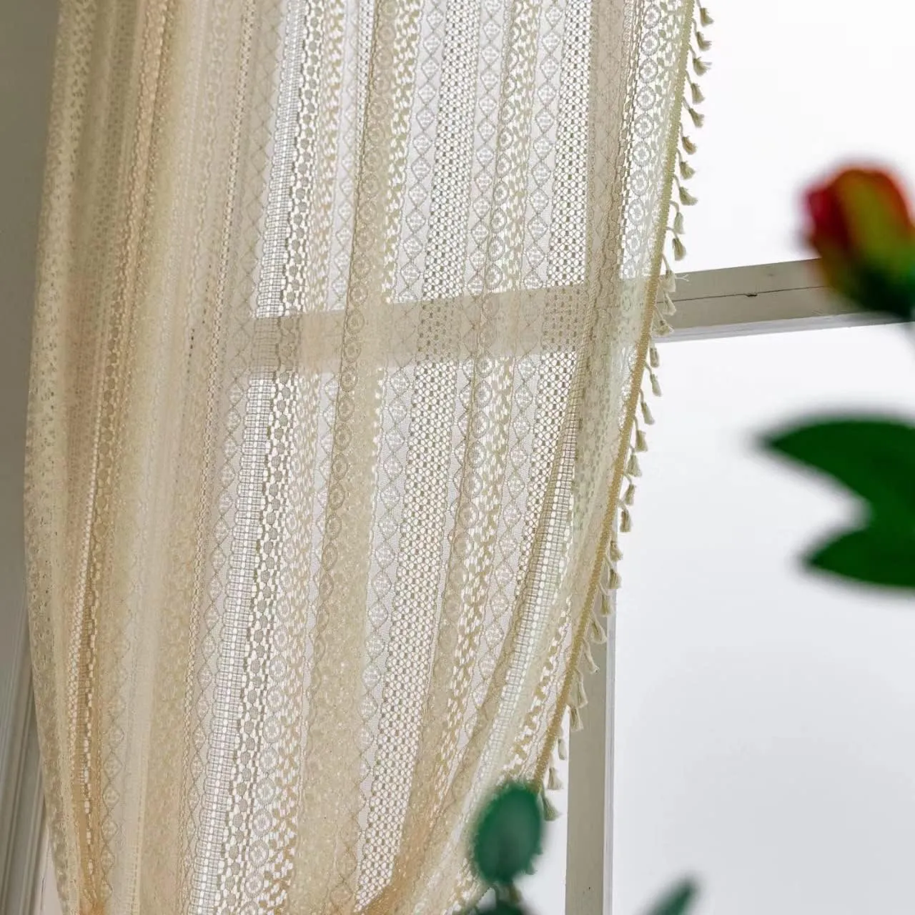 Deeprove Crochet Curtains Boho 63 inches Length for Cafe Kitchen, Knitting Cotton Macrame Lace with Handmade Tassels, Vintage French Country Semi Sheer Hollow Striped, W59 x L63, Beige, 1 Panel