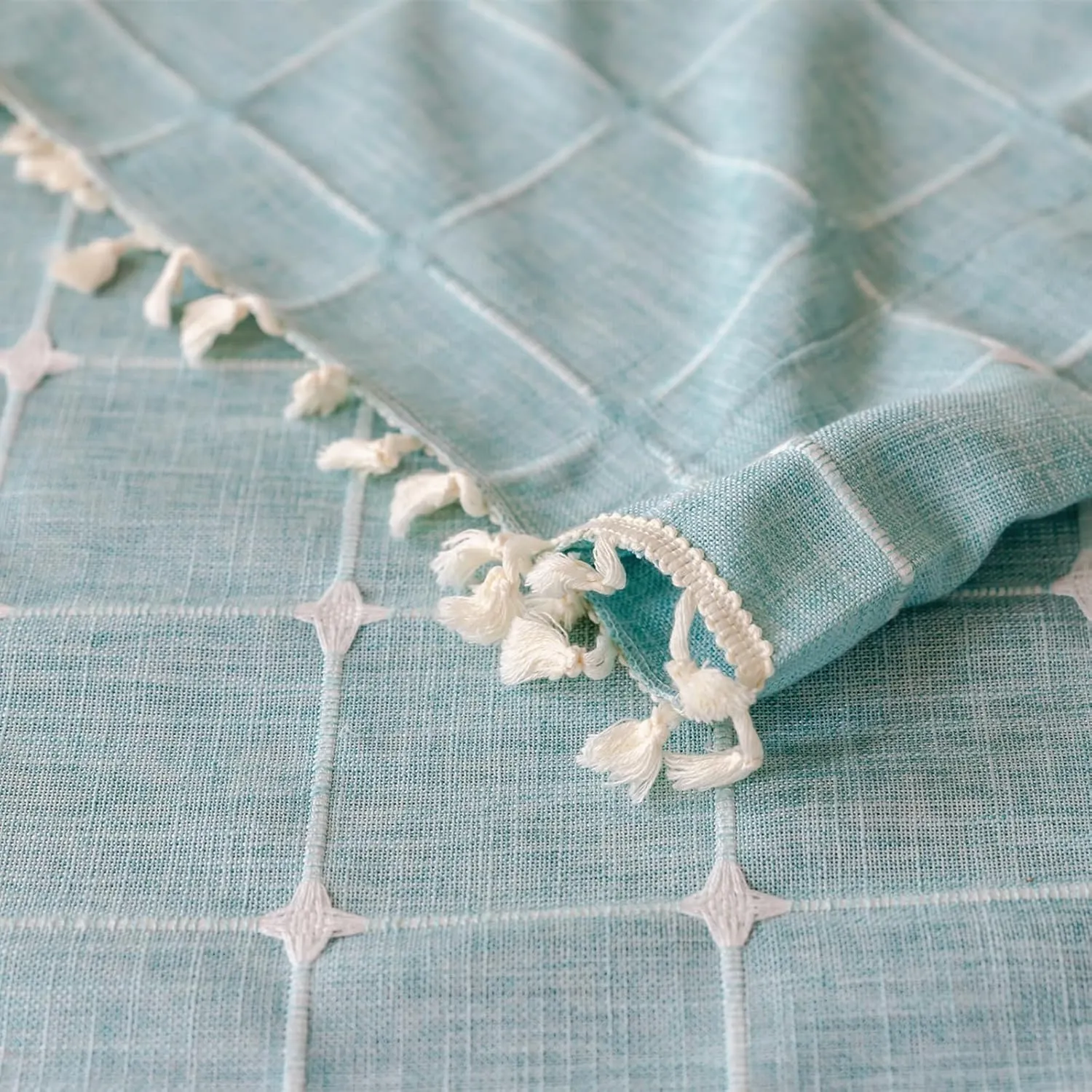 Deeprove Green Boho Curtains 84 Inches Long for Bedroom Nursery Room, Cotton Linen Teal Plaids Embroidery Semi Blackout Bohemian Window Treatment Grids Drape Tassels, 1 Panel W52 x L84, Aqua