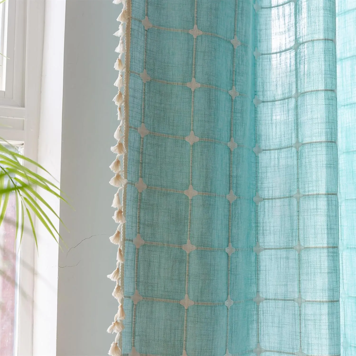Deeprove Green Boho Curtains 84 Inches Long for Bedroom Nursery Room, Cotton Linen Teal Plaids Embroidery Semi Blackout Bohemian Window Treatment Grids Drape Tassels, 1 Panel W52 x L84, Aqua