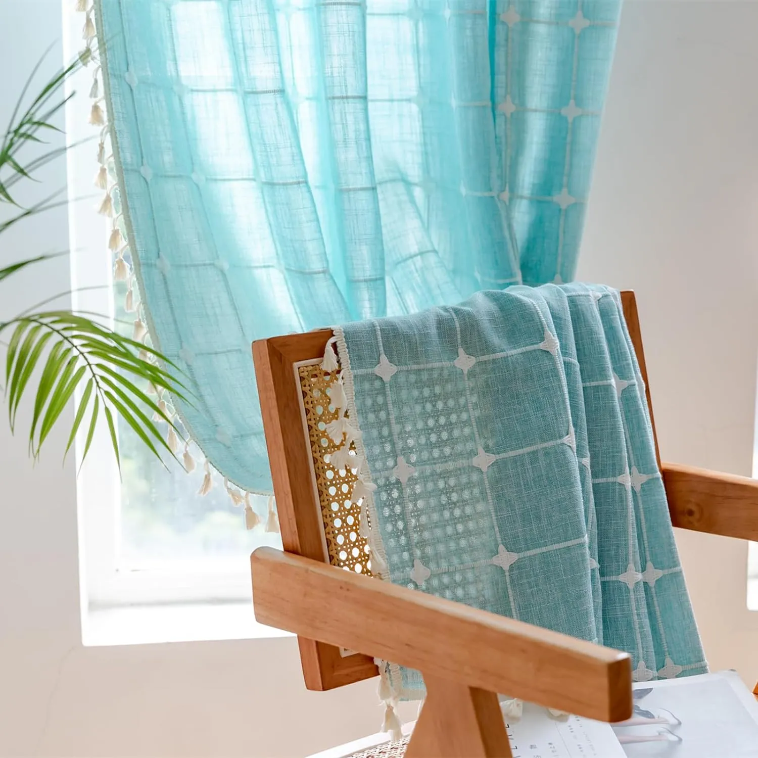 Deeprove Green Boho Curtains 84 Inches Long for Bedroom Nursery Room, Cotton Linen Teal Plaids Embroidery Semi Blackout Bohemian Window Treatment Grids Drape Tassels, 1 Panel W52 x L84, Aqua