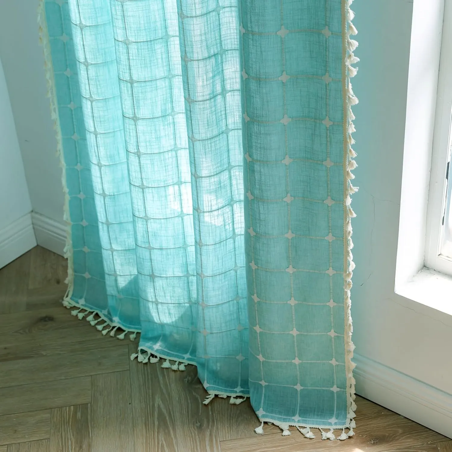 Deeprove Green Boho Curtains 84 Inches Long for Bedroom Nursery Room, Cotton Linen Teal Plaids Embroidery Semi Blackout Bohemian Window Treatment Grids Drape Tassels, 1 Panel W52 x L84, Aqua