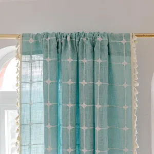 Deeprove Green Boho Curtains 84 Inches Long for Bedroom Nursery Room, Cotton Linen Teal Plaids Embroidery Semi Blackout Bohemian Window Treatment Grids Drape Tassels, 1 Panel W52 x L84, Aqua