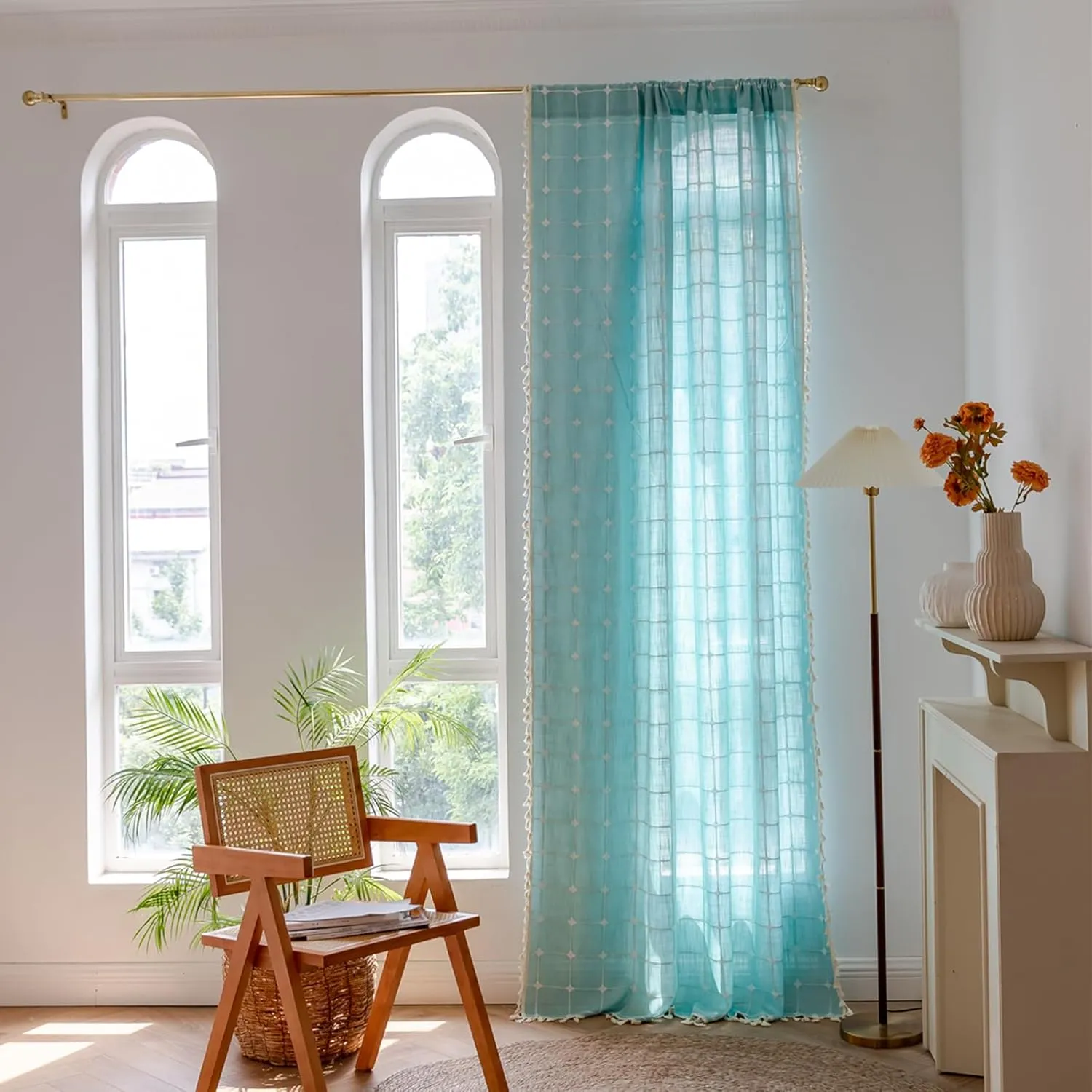 Deeprove Green Boho Curtains 84 Inches Long for Bedroom Nursery Room, Cotton Linen Teal Plaids Embroidery Semi Blackout Bohemian Window Treatment Grids Drape Tassels, 1 Panel W52 x L84, Aqua