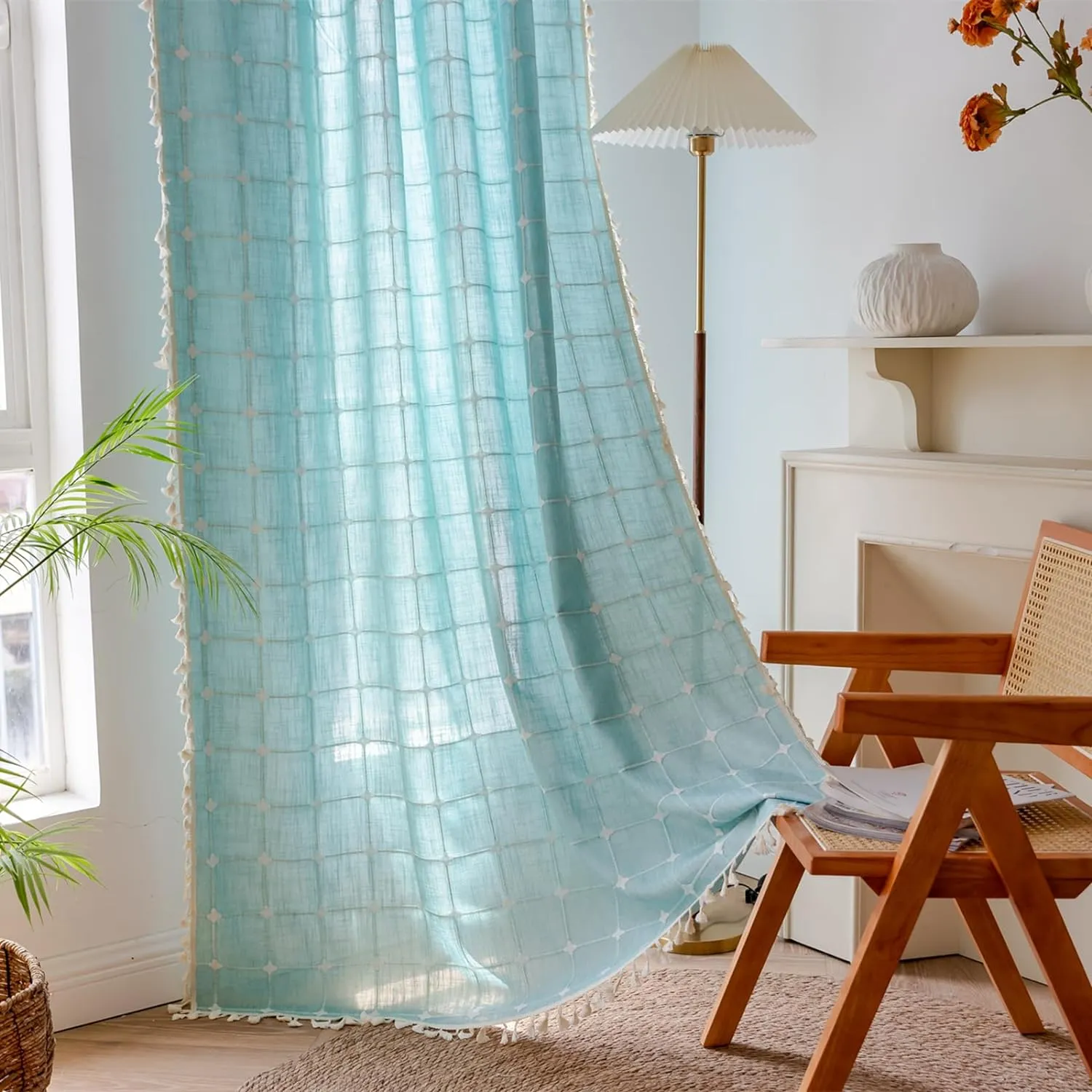 Deeprove Green Boho Curtains 84 Inches Long for Bedroom Nursery Room, Cotton Linen Teal Plaids Embroidery Semi Blackout Bohemian Window Treatment Grids Drape Tassels, 1 Panel W52 x L84, Aqua