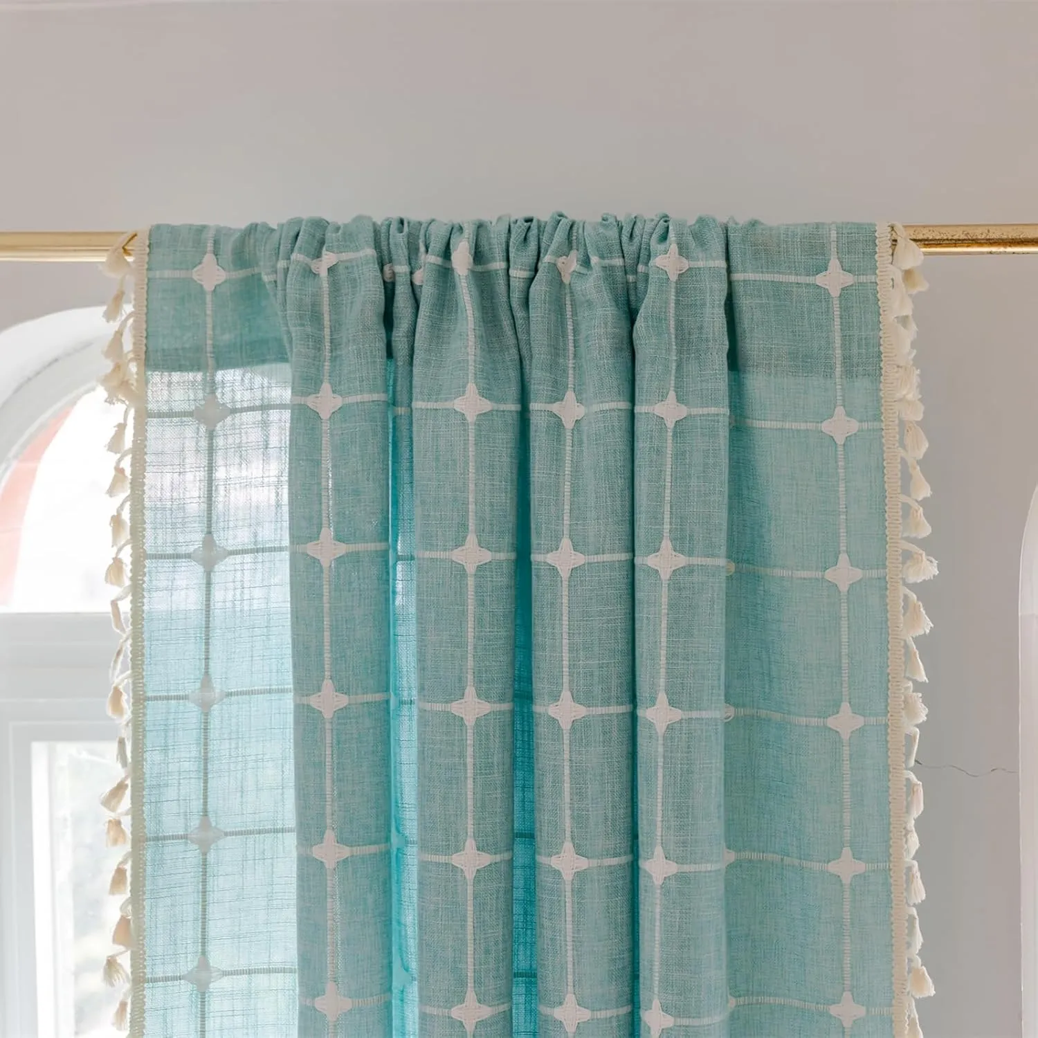 Deeprove Green Boho Curtains 84 Inches Long for Bedroom Nursery Room, Cotton Linen Teal Plaids Embroidery Semi Blackout Bohemian Window Treatment Grids Drape Tassels, 1 Panel W52 x L84, Aqua