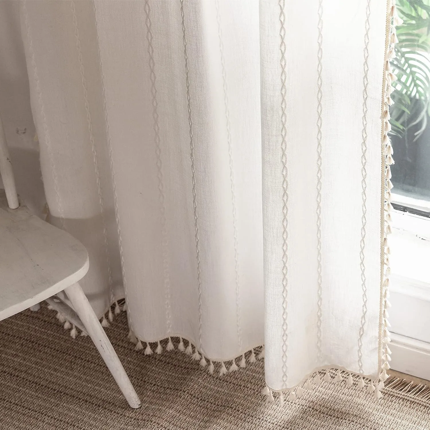 Deeprove White Boho Curtains 84 Inches Long for Bedroom Living Room, Cream Chic Linen Cotton Embroidered Semi Blackout Bohemian Farmhouse Window Treatment Drape Vintage Tassels, 1 Panel W52 x L84