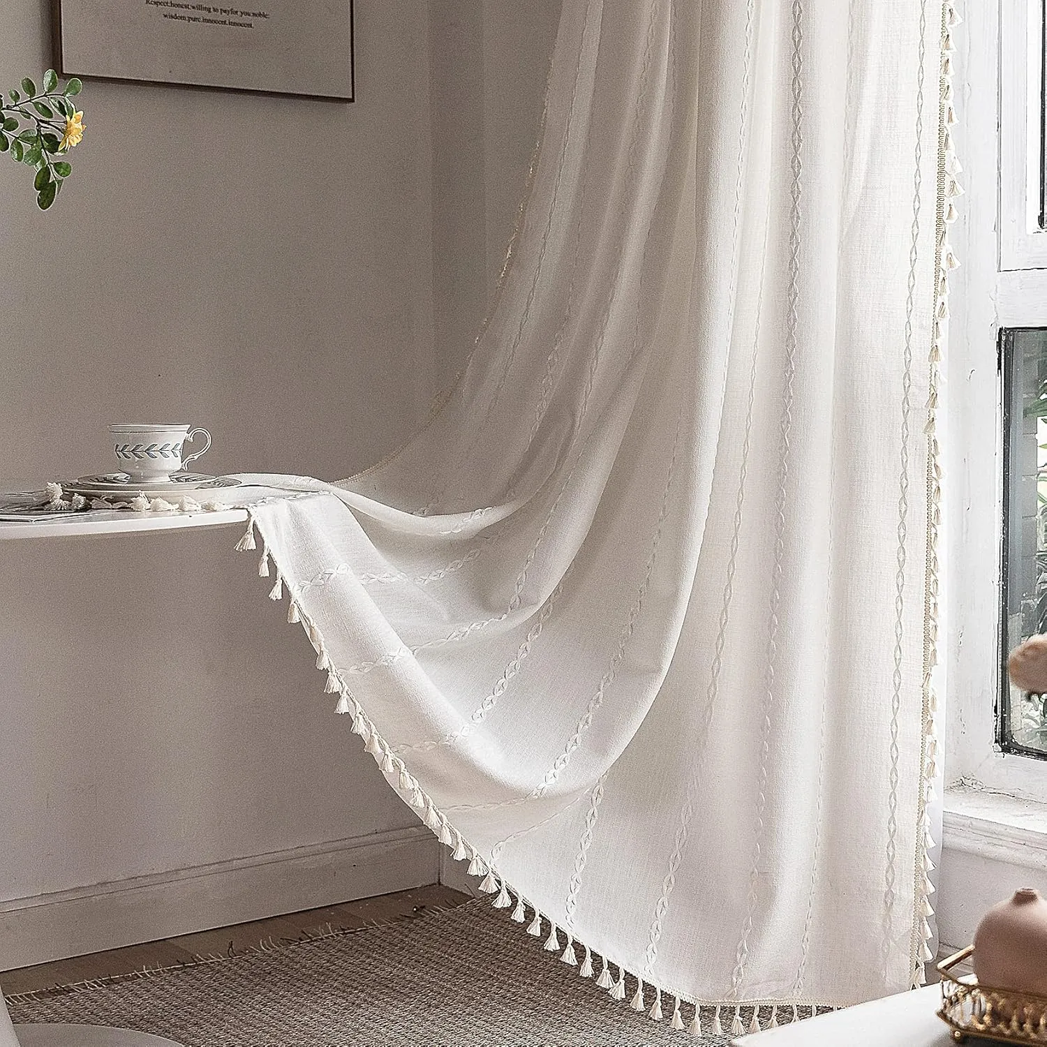 Deeprove White Boho Curtains 84 Inches Long for Bedroom Living Room, Cream Chic Linen Cotton Embroidered Semi Blackout Bohemian Farmhouse Window Treatment Drape Vintage Tassels, 1 Panel W52 x L84