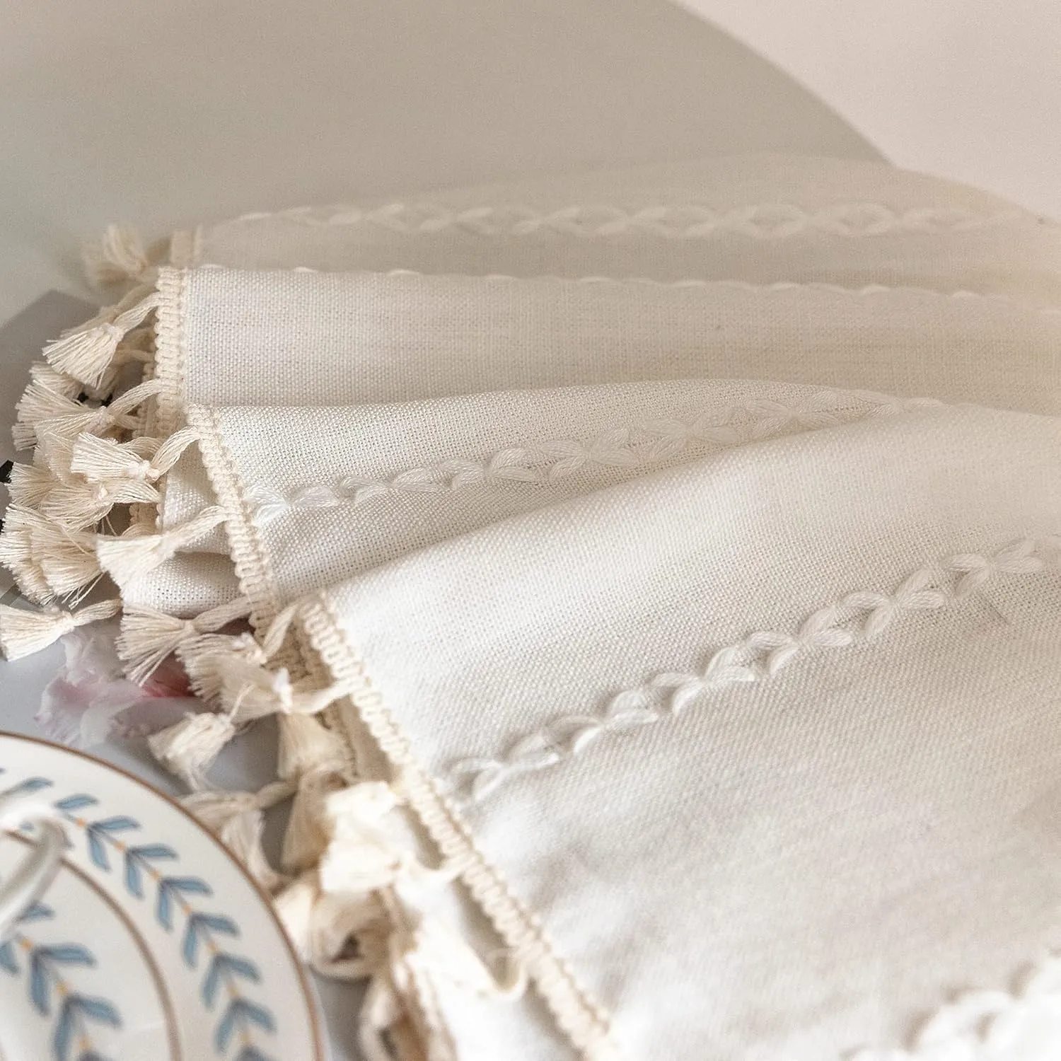 Deeprove White Boho Curtains 84 Inches Long for Bedroom Living Room, Cream Chic Linen Cotton Embroidered Semi Blackout Bohemian Farmhouse Window Treatment Drape Vintage Tassels, 1 Panel W52 x L84