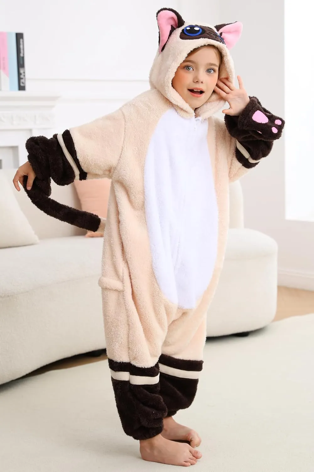 DELEY Unisex Kid Siamese Cat Onesie, One Piece Aniamal Pajamas, Halloween Cosplay Costume Homewear Jumpsuit