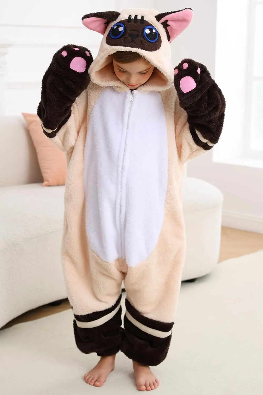 DELEY Unisex Kid Siamese Cat Onesie, One Piece Aniamal Pajamas, Halloween Cosplay Costume Homewear Jumpsuit