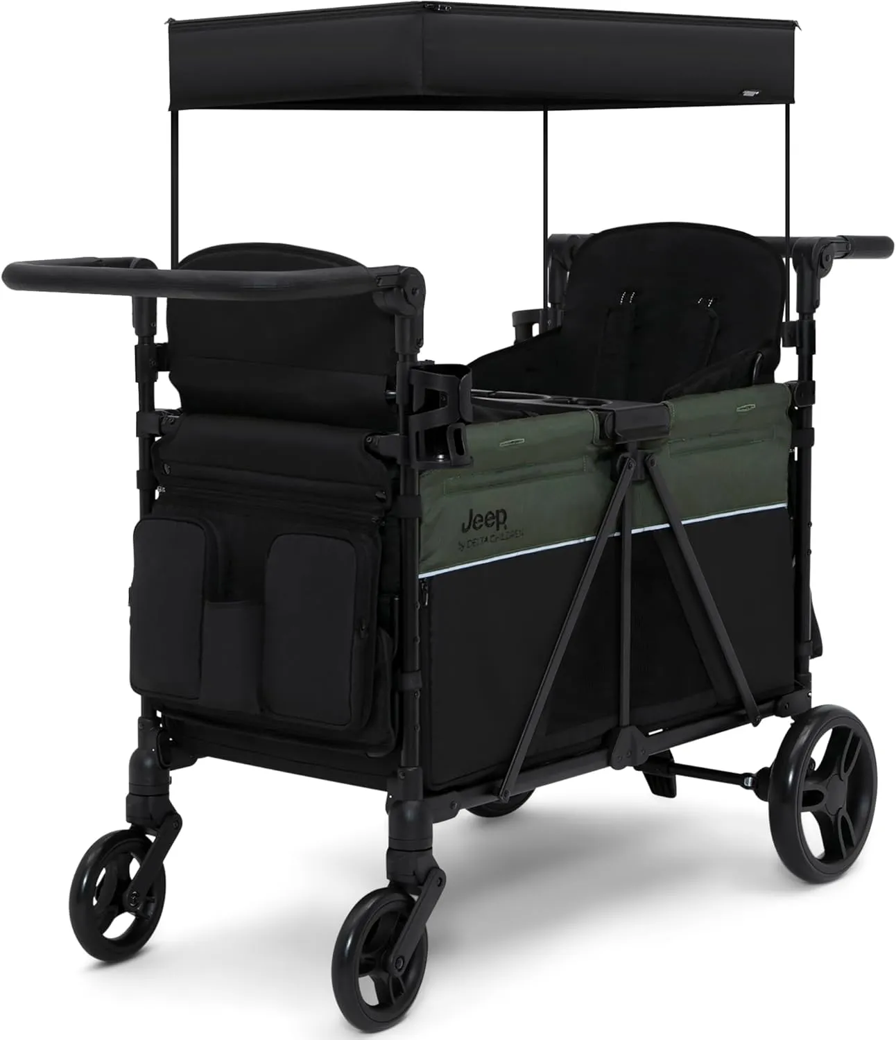 Delta Children - Jeep Wrangler Deluxe 4 Seater Stroller Wagon - Premium Quad Stroller Wagon for 4 Kids with Convertible Seats, Adjustable Push/Pull Handles, Removable Canopy & Flat Fold, Black/Green