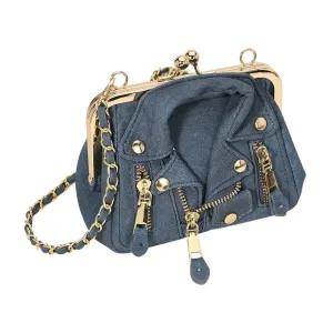 Denim Faux Leather Motorcycle Jacket Purse / Crossbody Bag