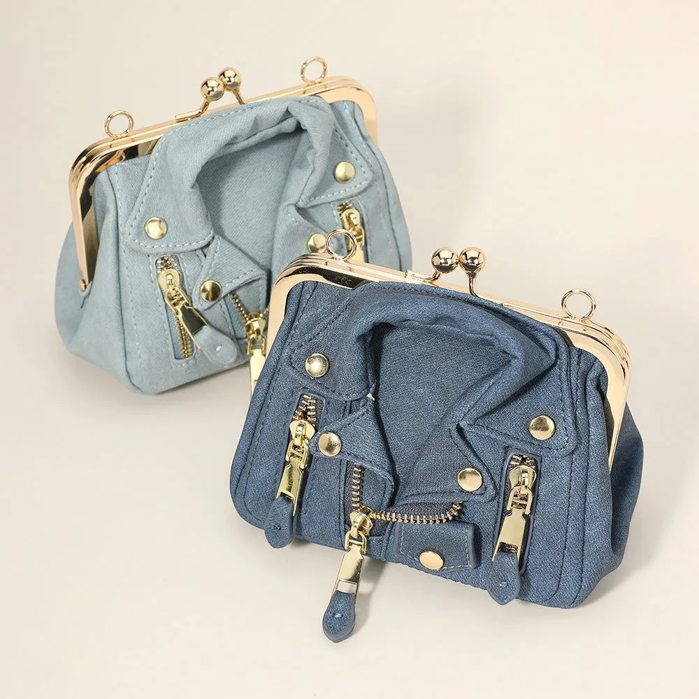 Denim Faux Leather Motorcycle Jacket Purse / Crossbody Bag