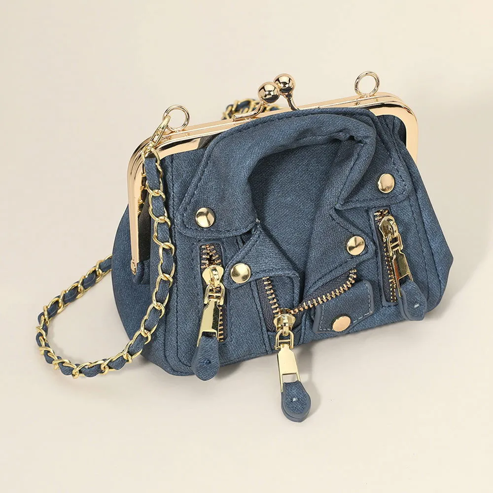 Denim Faux Leather Motorcycle Jacket Purse / Crossbody Bag