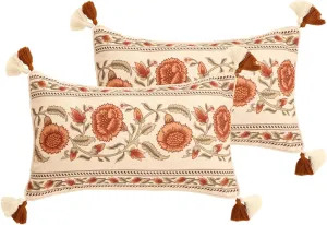 Design Linen Rectangle Vintage Throw Pillow Covers 12"x20" Pack of 2, Brick Red Cushion Covers with Orange Floral Green Leaves Pattern Decor Pillowcases for Bed,Living Room,Outdoor,Car