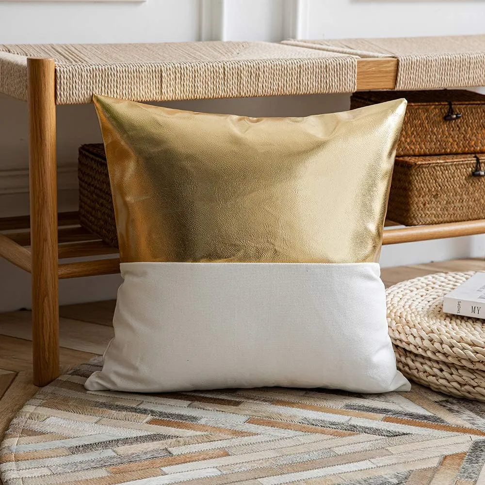 DEZENE Leather Throw Pillow Covers, Set of 2 Modern Leather/Cotton Decorative Pillowcases for Home Decor Bedroom Living Room Couch Bed Sofa, 18x18 Inch, Gold and White