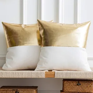 DEZENE Leather Throw Pillow Covers, Set of 2 Modern Leather/Cotton Decorative Pillowcases for Home Decor Bedroom Living Room Couch Bed Sofa, 18x18 Inch, Gold and White