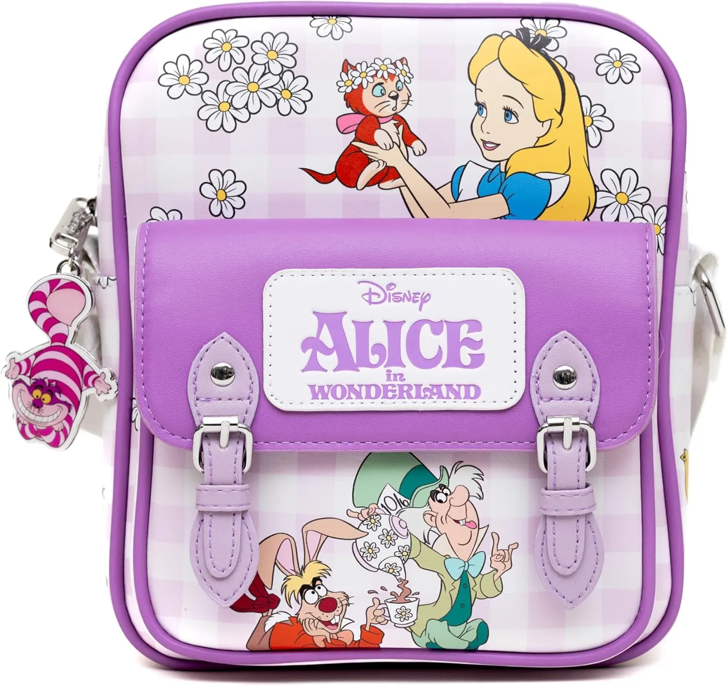 Disney Vegan Leather Crossbody Backpack with Adjustable Strap, Alice in Wonderland Tea Party and Garden Flowers Poses Gingham Lavender