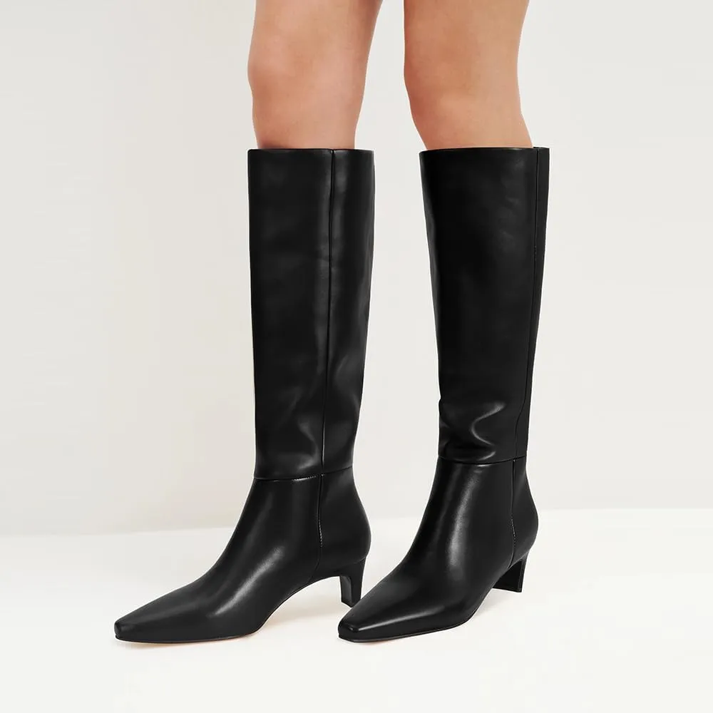 DOEYG Black Knee High Boots for Women Pointed Toe Kitten Heel Tall Boots Wide Calf Pull on Fall Fashion Long Boots
