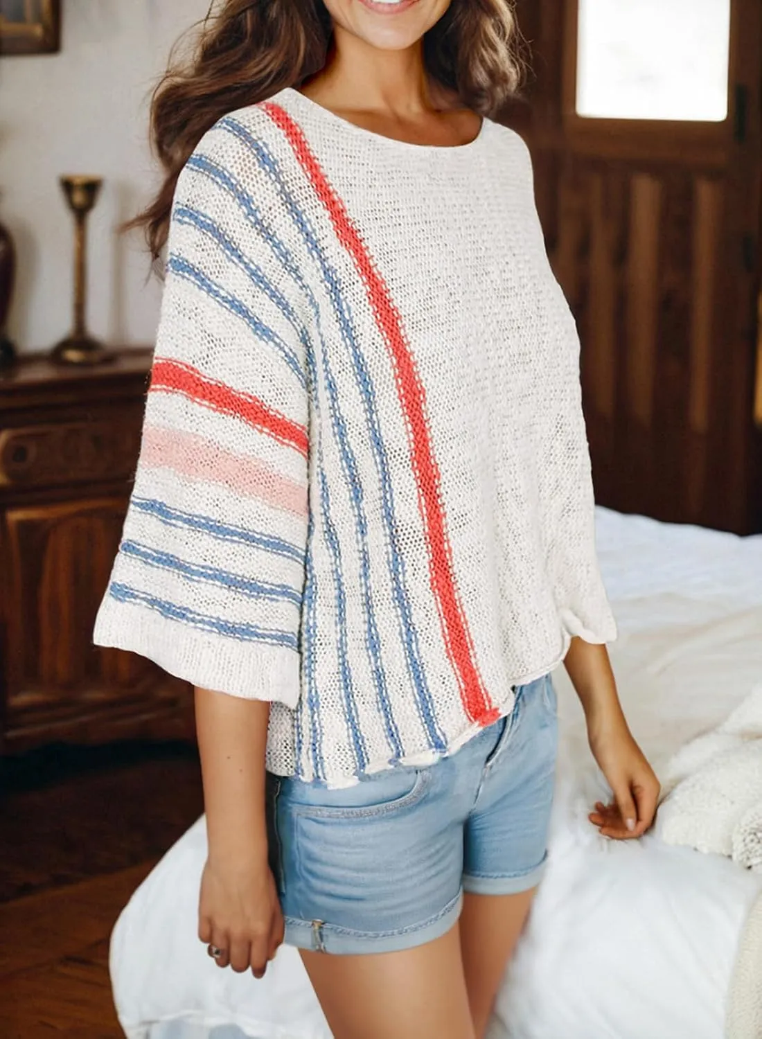 Dokotoo Womens 2025 Spring Casual Color Block Striped Lightweight Comfy Cable Knit Trendy Boho Clothes Pullover Sweaters
