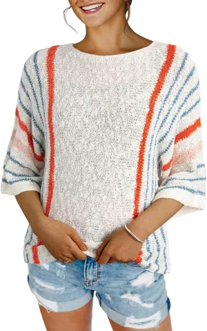 Dokotoo Womens 2025 Spring Casual Color Block Striped Lightweight Comfy Cable Knit Trendy Boho Clothes Pullover Sweaters