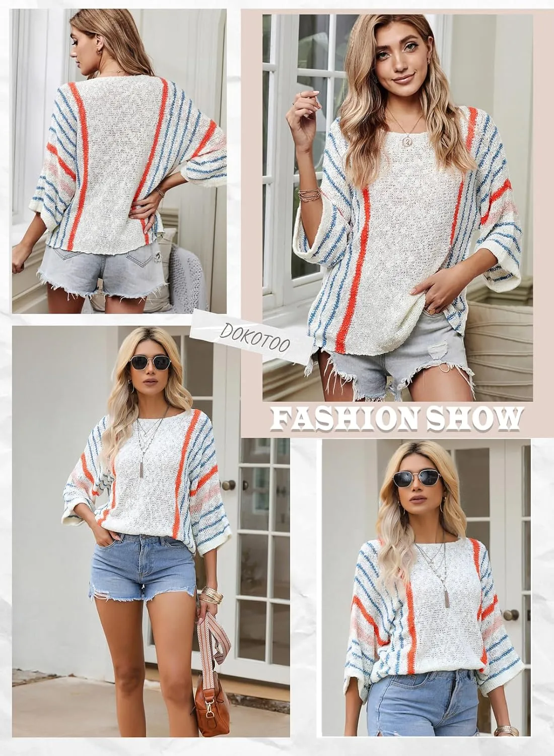 Dokotoo Womens 2025 Spring Casual Color Block Striped Lightweight Comfy Cable Knit Trendy Boho Clothes Pullover Sweaters