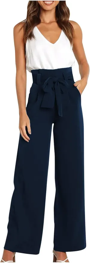 DOLKFU Womens Belted High Waist Business Casual Pants Straight Wide Leg Trousers Fashion Loose Comfy Pants