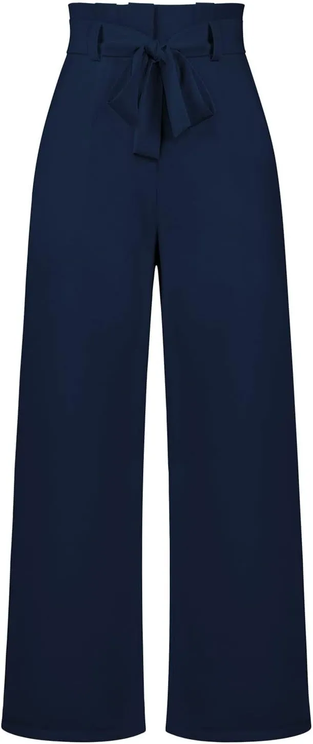DOLKFU Womens Belted High Waist Business Casual Pants Straight Wide Leg Trousers Fashion Loose Comfy Pants