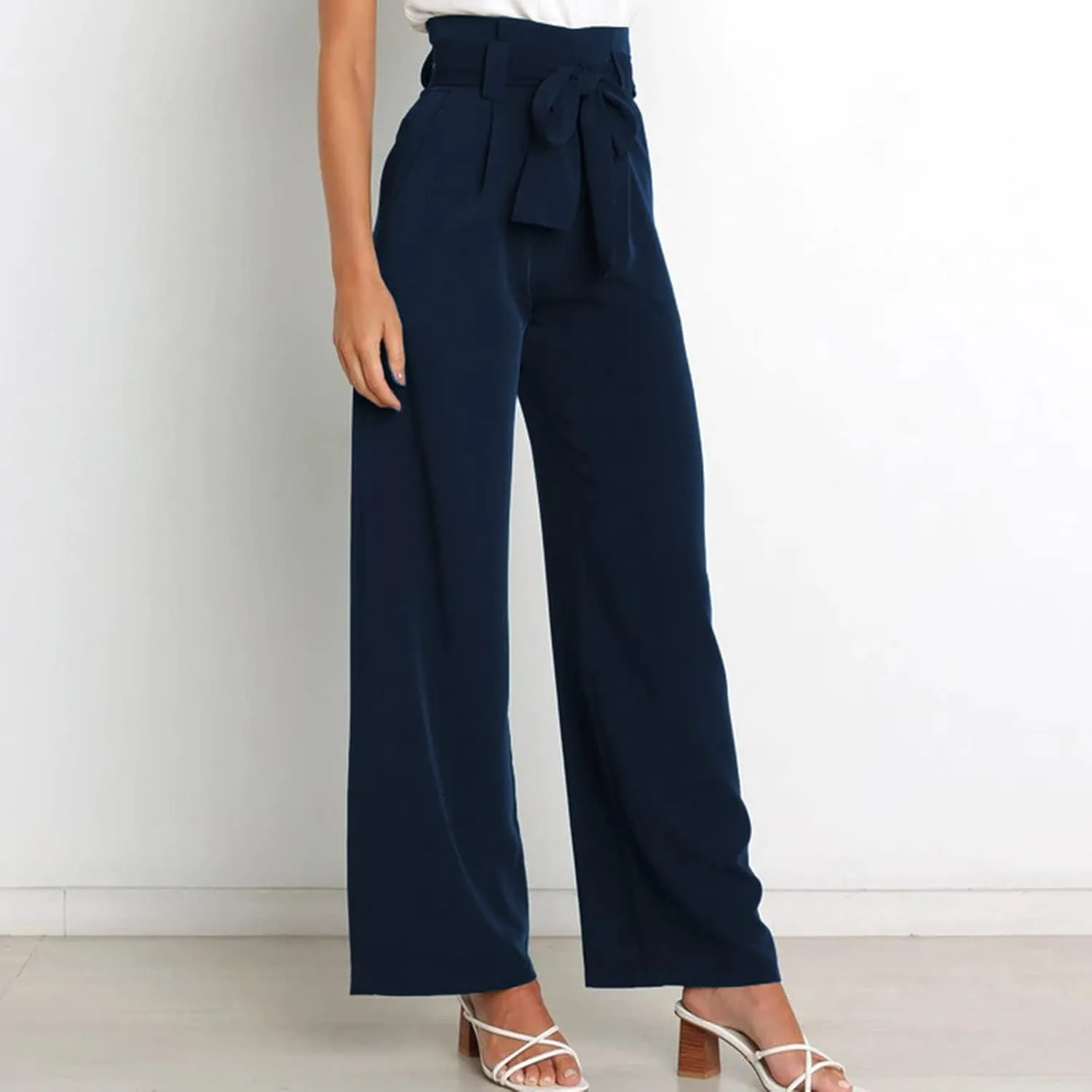 DOLKFU Womens Belted High Waist Business Casual Pants Straight Wide Leg Trousers Fashion Loose Comfy Pants