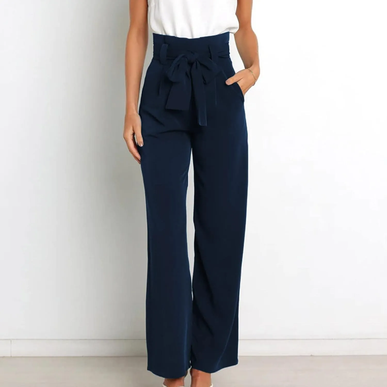 DOLKFU Womens Belted High Waist Business Casual Pants Straight Wide Leg Trousers Fashion Loose Comfy Pants