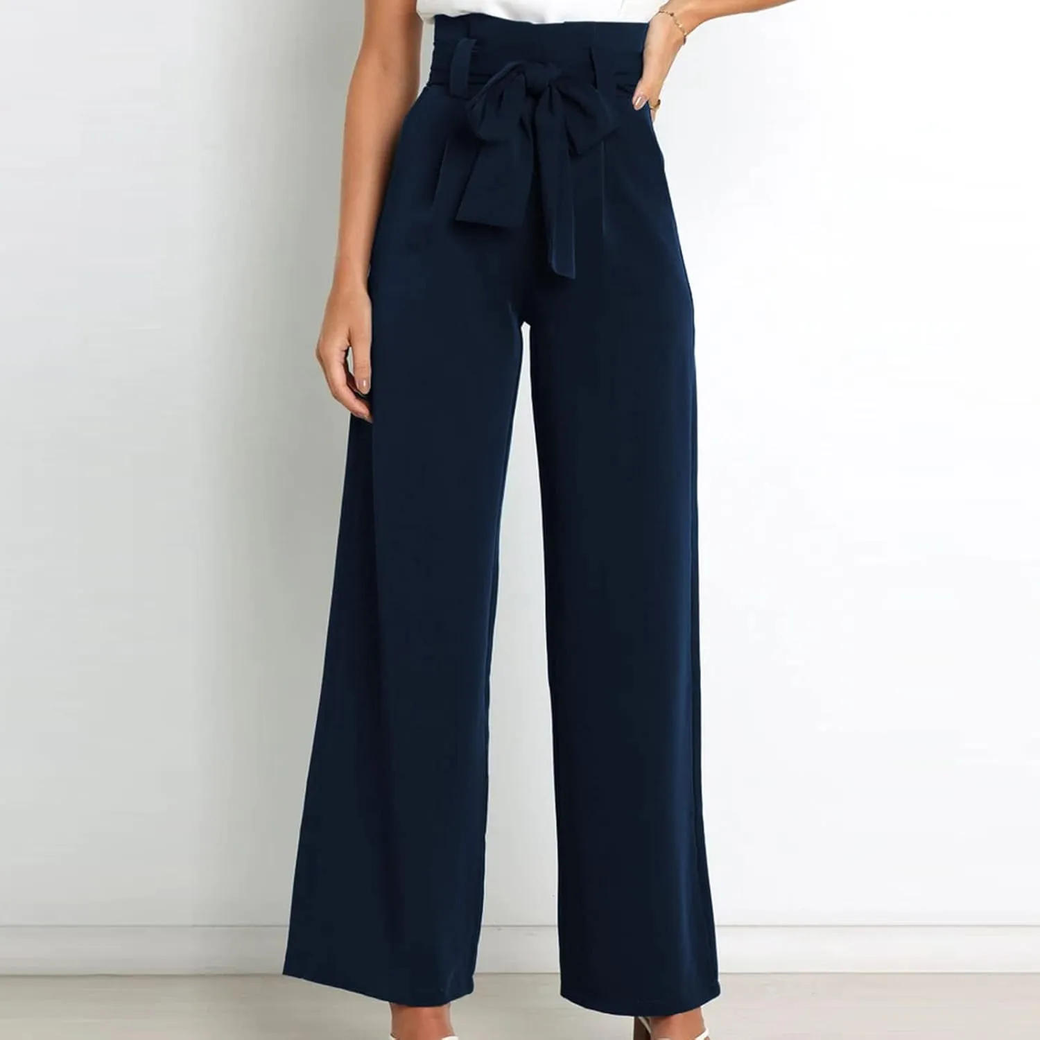 DOLKFU Womens Belted High Waist Business Casual Pants Straight Wide Leg Trousers Fashion Loose Comfy Pants