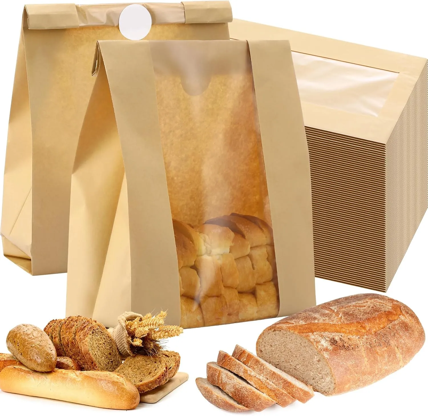 Domensi 100 Pcs Paper Bread Bags for Homemade food 13.7 x 8.2 x 3.5 Inch Large Paper Bakery Bag with Window Sourdough Bread Bags for Baked Food Packaging Storage