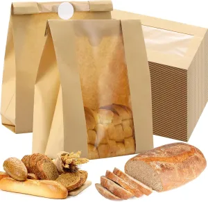 Domensi 100 Pcs Paper Bread Bags for Homemade food 13.7 x 8.2 x 3.5 Inch Large Paper Bakery Bag with Window Sourdough Bread Bags for Baked Food Packaging Storage