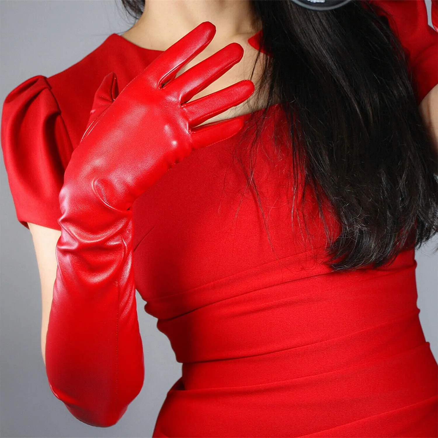 DooWay Women Long Gloves Faux Leather Over Elbow Length 20-inch PU Winter Warm Full Finger Gloves