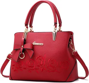 Downupdown Top Handle Bag Women Handbags Faux Leather Satchel Flower Embroidery Purse Medium Tote Bags Crossbody Shoulder Bag