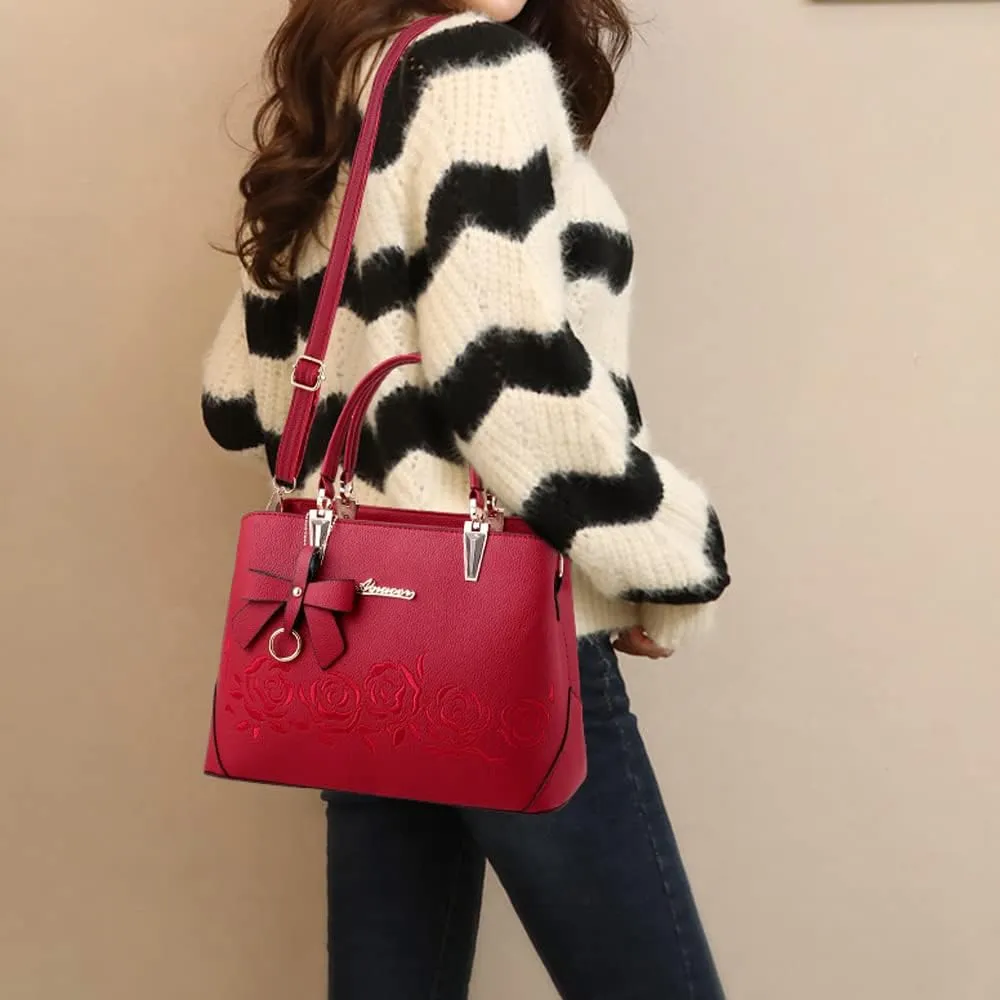 Downupdown Top Handle Bag Women Handbags Faux Leather Satchel Flower Embroidery Purse Medium Tote Bags Crossbody Shoulder Bag