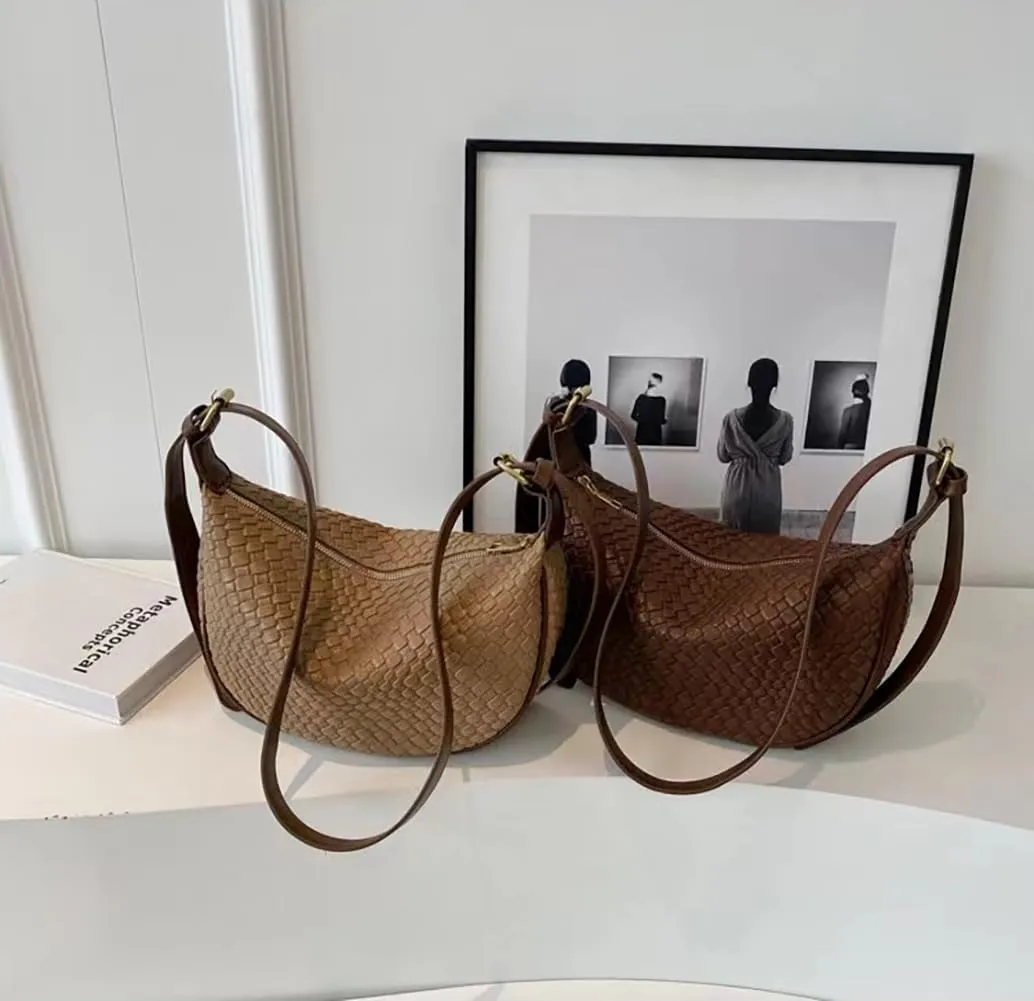 Dreubea Vintage Woven Handbag PU Leather Crescent Shoulder Crossbody Hobo Bag for Women Ladies
