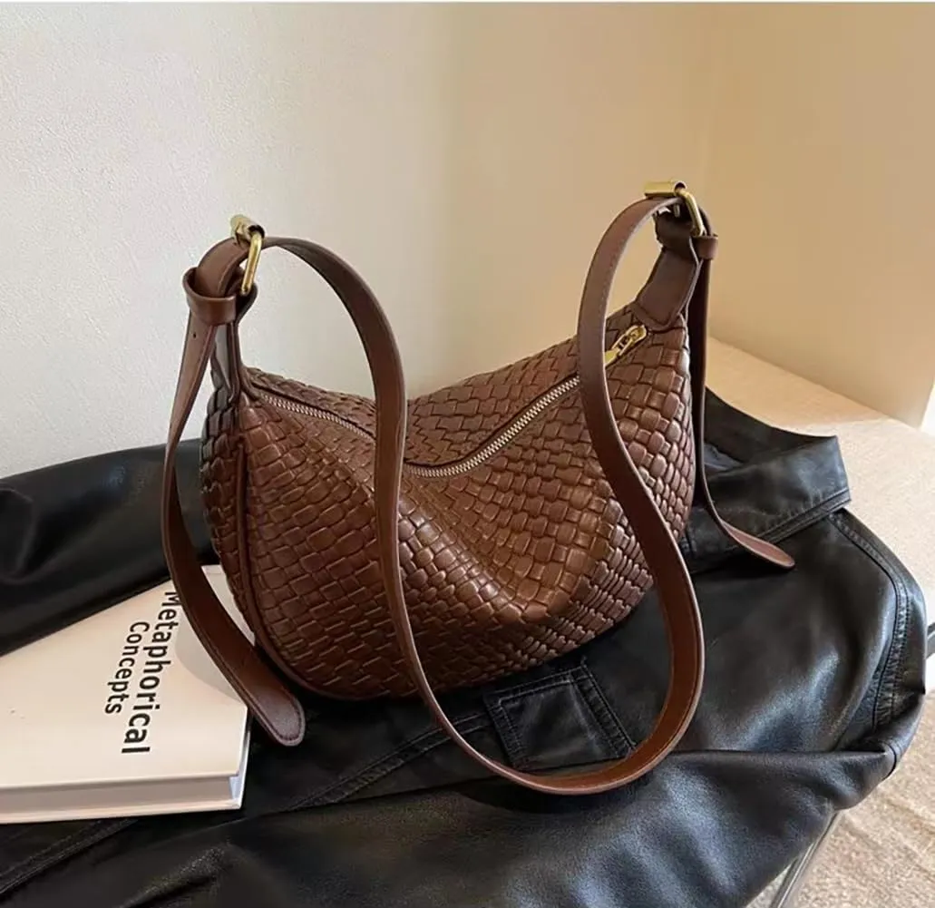 Dreubea Vintage Woven Handbag PU Leather Crescent Shoulder Crossbody Hobo Bag for Women Ladies