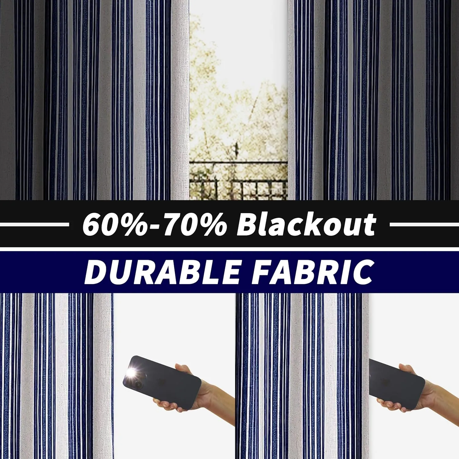 DriftAway Chris Linen Blackout Curtains with Thermal and Sound Reducing Layer 84 Inches Long for Bedroom Striped Printed Drapes Thermal Insulated Lined Window Treatments for Living Room Dark Blue