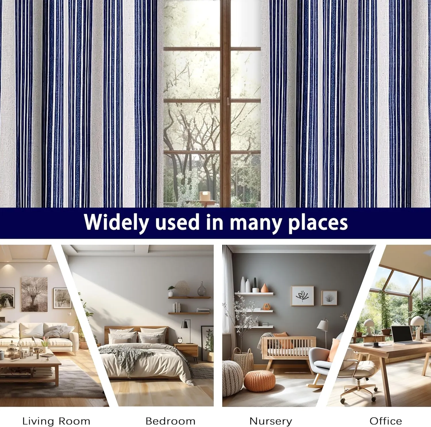 DriftAway Chris Linen Blackout Curtains with Thermal and Sound Reducing Layer 84 Inches Long for Bedroom Striped Printed Drapes Thermal Insulated Lined Window Treatments for Living Room Dark Blue