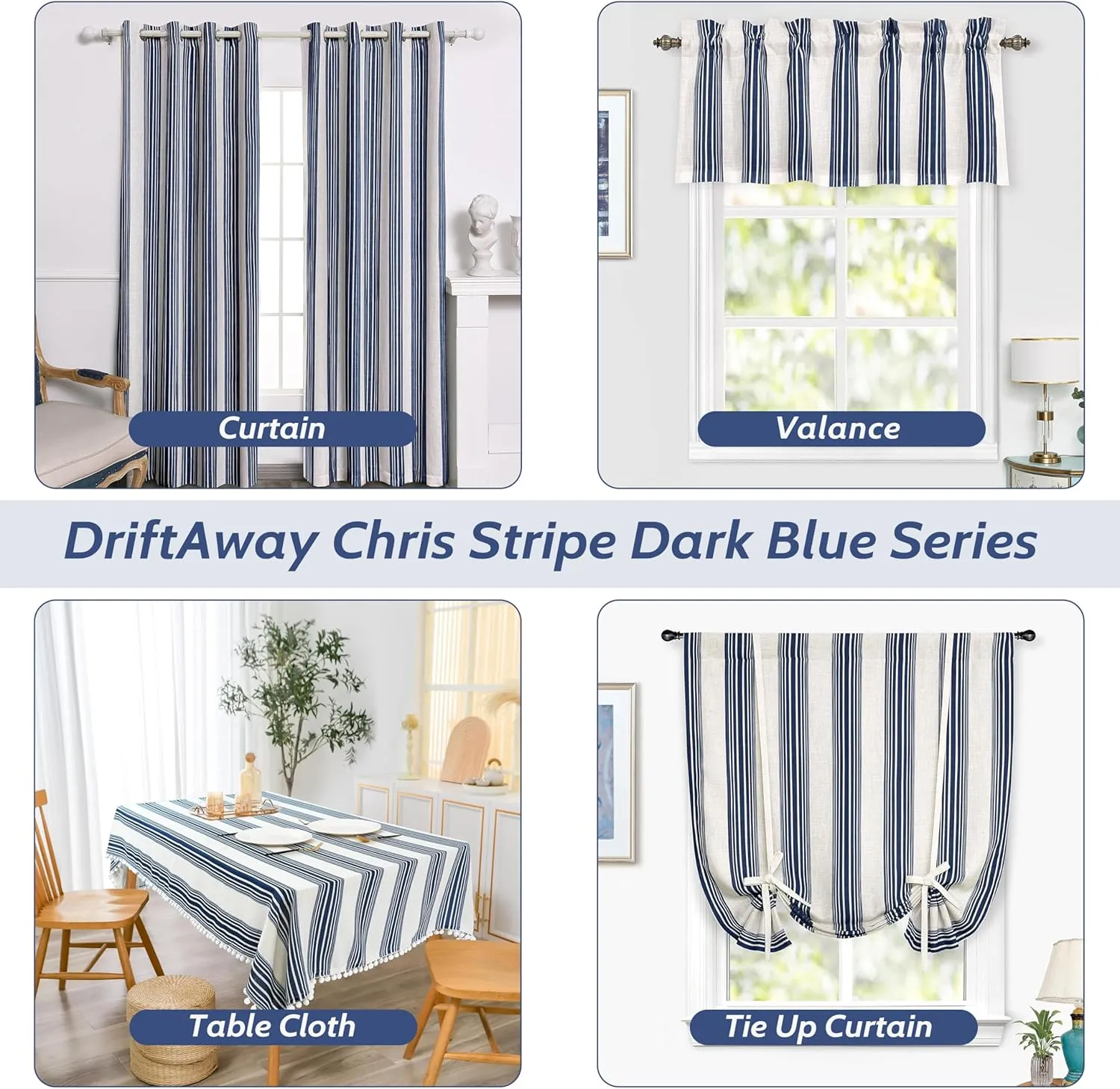 DriftAway Chris Linen Blackout Curtains with Thermal and Sound Reducing Layer 84 Inches Long for Bedroom Striped Printed Drapes Thermal Insulated Lined Window Treatments for Living Room Dark Blue