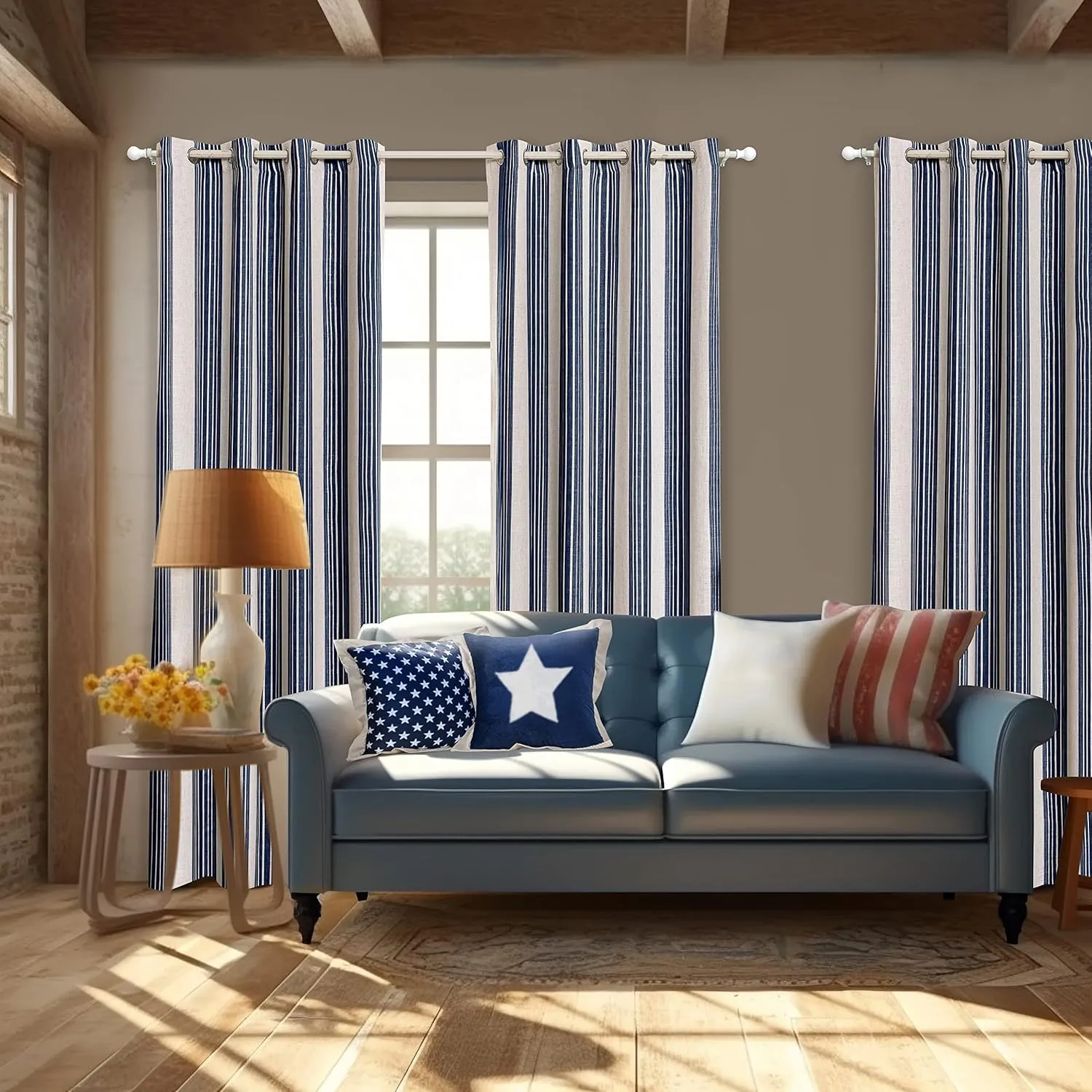 DriftAway Chris Linen Blackout Curtains with Thermal and Sound Reducing Layer 84 Inches Long for Bedroom Striped Printed Drapes Thermal Insulated Lined Window Treatments for Living Room Dark Blue