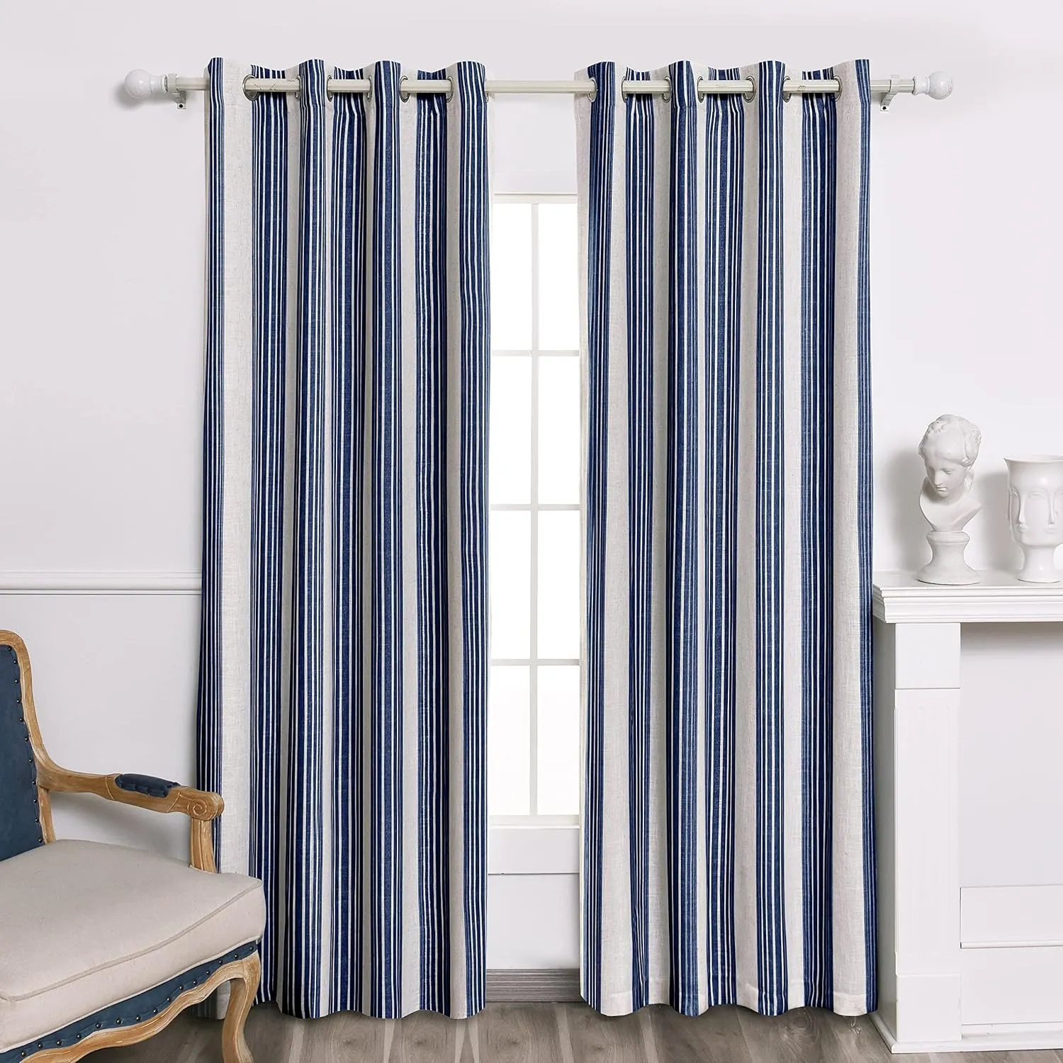 DriftAway Chris Linen Blackout Curtains with Thermal and Sound Reducing Layer 84 Inches Long for Bedroom Striped Printed Drapes Thermal Insulated Lined Window Treatments for Living Room Dark Blue