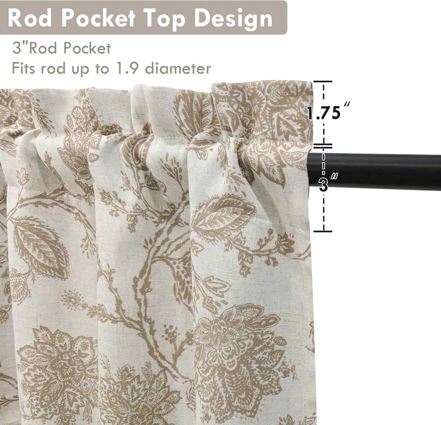 DriftAway Freda Jacobean Floral Linen Blend Blackout Thermal Insulated Energy Saving Privacy Window Linen Curtain Valance Rod Pocket 2 Layers Single 52 Inch by 14 Inch Plus 2 Inch Header Taupe