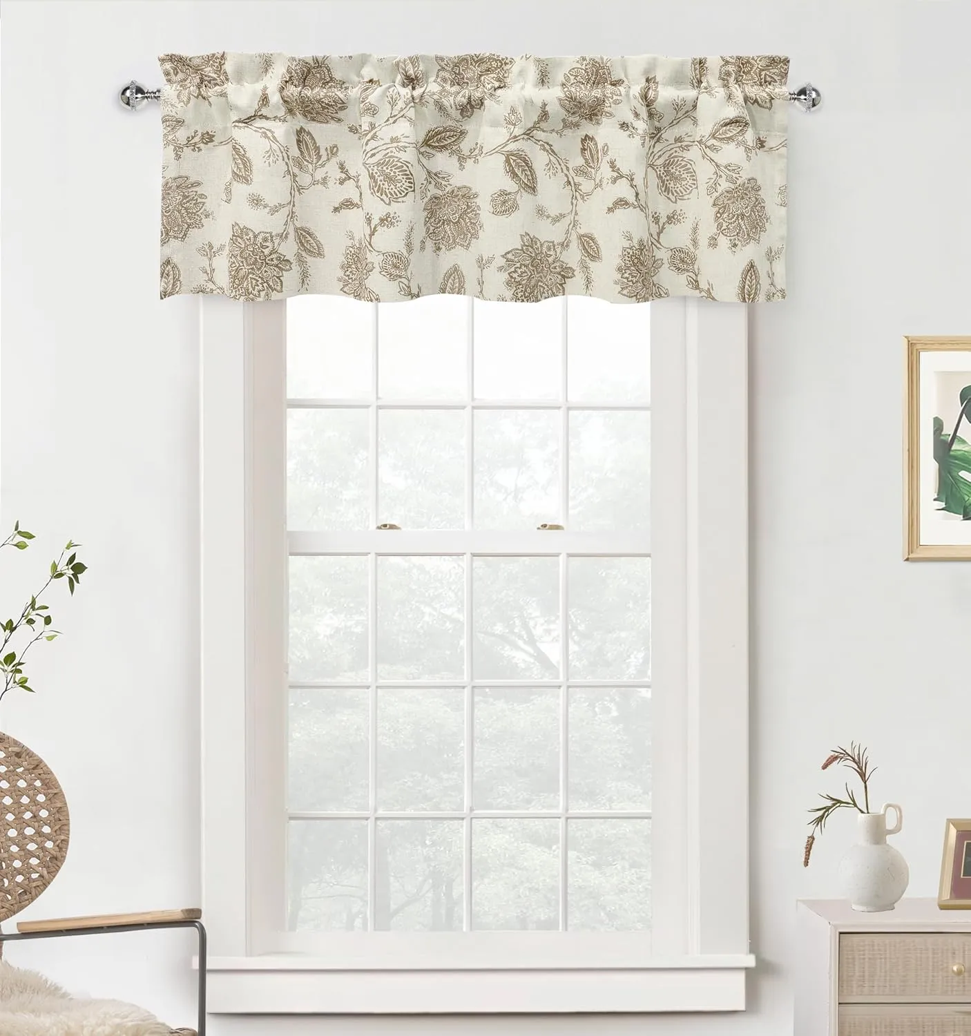DriftAway Freda Jacobean Floral Linen Blend Blackout Thermal Insulated Energy Saving Privacy Window Linen Curtain Valance Rod Pocket 2 Layers Single 52 Inch by 14 Inch Plus 2 Inch Header Taupe